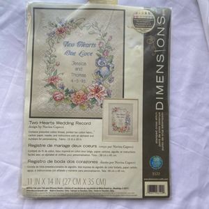 Dimensions Stamped Cross Stitch Two Hearts Wedding Record  One Love 3122